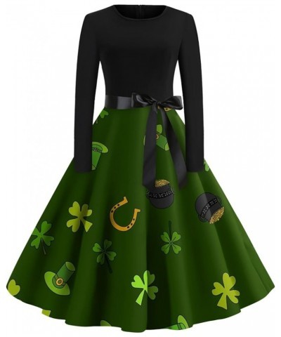 St. Patrick's Day Dress for Women,A-Line Holiday Dress Casual V-Neck Long Sleeve Loose Elegant Midi Dress for Party 01-dark G...