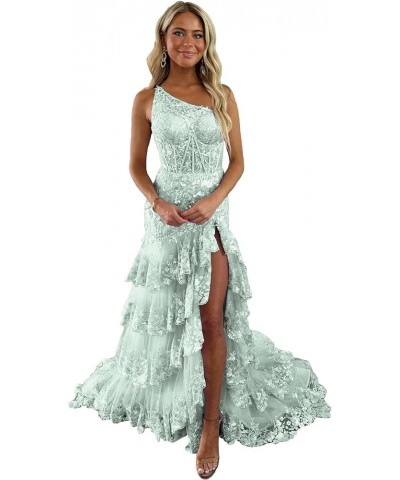 Tiered Lace One Shoulder Prom Dresses for Woman 2024 Tulle A-Line Formal Dress with Silt Mint Green $44.94 Dresses