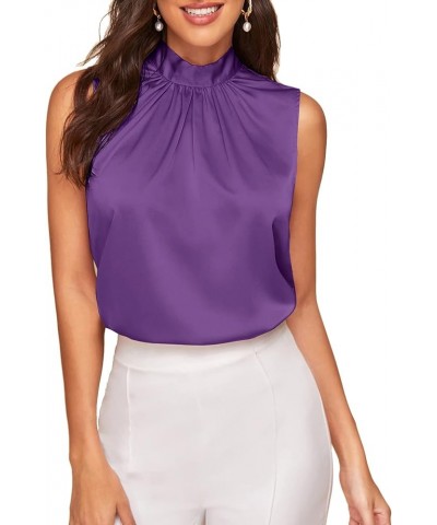 Women's Elegant Tie Back Sleeveless Pleated Mock Neck Satin Blouse Top Purple $10.75 Blouses