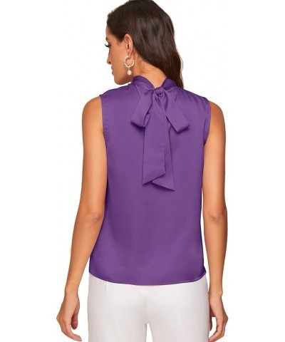 Women's Elegant Tie Back Sleeveless Pleated Mock Neck Satin Blouse Top Purple $10.75 Blouses