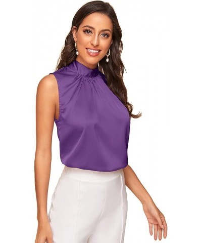 Women's Elegant Tie Back Sleeveless Pleated Mock Neck Satin Blouse Top Purple $10.75 Blouses