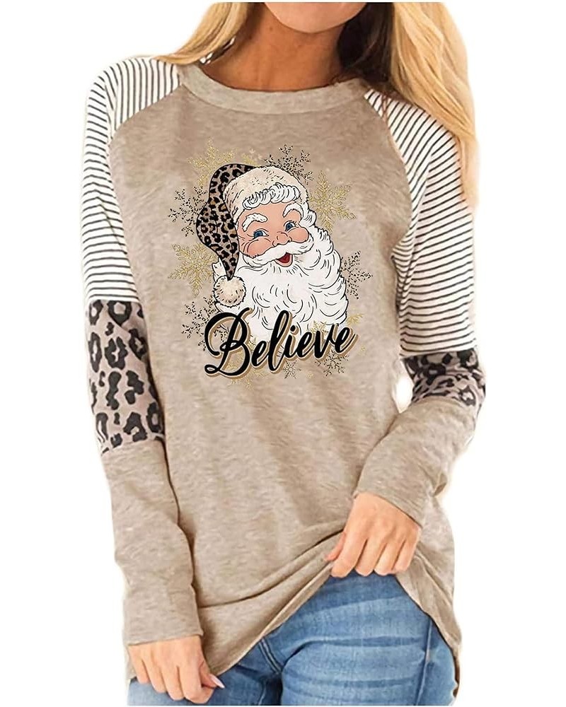 Christmas Snowman Snowflake Leopard Striped T-Shirt Women Cute Graphic Long Sleeve Casual Tunics Tops A1-brown1 $12.32 Tops