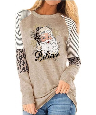 Christmas Snowman Snowflake Leopard Striped T-Shirt Women Cute Graphic Long Sleeve Casual Tunics Tops A1-brown1 $12.32 Tops