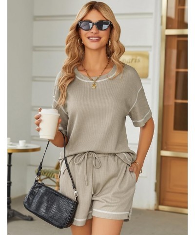 Womens Pajama Sets Waffle Knit Lounge Set Two Piece Loungewear Matching Outfits Set With Pockets Moon Gray $16.81 Activewear