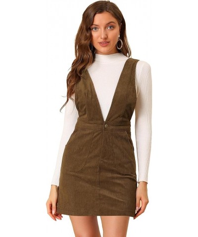 Women's Corduroy Overall V Neck Strap Mini Pinafore Dress Brown $20.89 Overalls