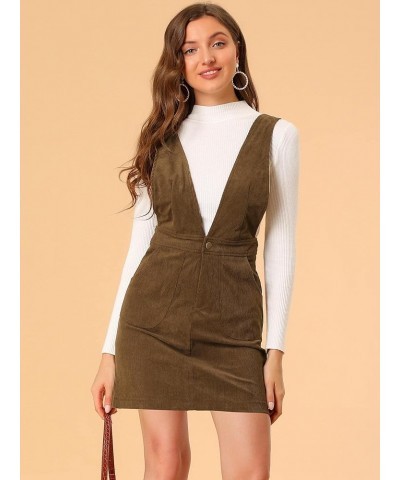 Women's Corduroy Overall V Neck Strap Mini Pinafore Dress Brown $20.89 Overalls