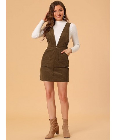 Women's Corduroy Overall V Neck Strap Mini Pinafore Dress Brown $20.89 Overalls