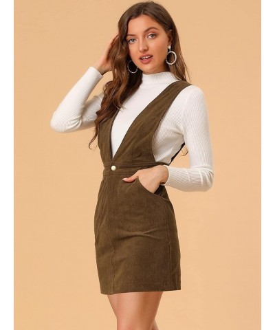 Women's Corduroy Overall V Neck Strap Mini Pinafore Dress Brown $20.89 Overalls