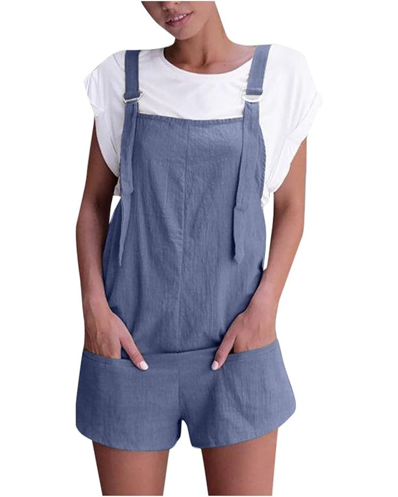 Women's Shorts Overalls Casual Summer Womens Sleeveless Cotton Linen Romper Overalls Bib Jumpsuit Shorts With Pockets Z4-blue...