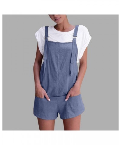 Women's Shorts Overalls Casual Summer Womens Sleeveless Cotton Linen Romper Overalls Bib Jumpsuit Shorts With Pockets Z4-blue...