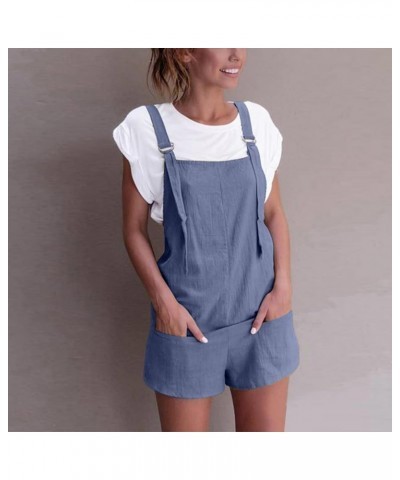 Women's Shorts Overalls Casual Summer Womens Sleeveless Cotton Linen Romper Overalls Bib Jumpsuit Shorts With Pockets Z4-blue...