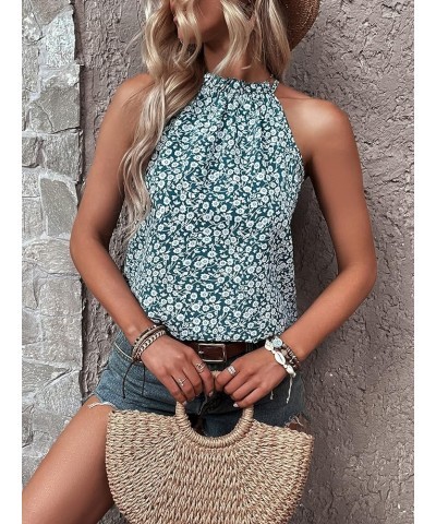 Women's Leopard Print Halter Top Shirt Casual Button Sleeveless Vest Ditsy Floral Green $9.89 Vests