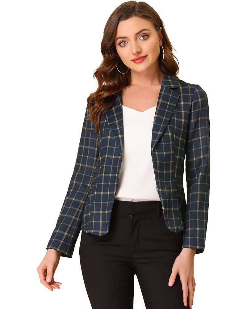 Women's Open Front Notch Lapel Printed Casual Office Blazer Jacket Dark Blue-plaid $22.79 Blazers