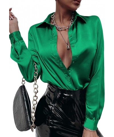 Womens Satin Silk Button Down Shirts Long Sleeve Slim Fit Blouses Shirt Casual Work Bussiness Tops Green $12.99 Blouses