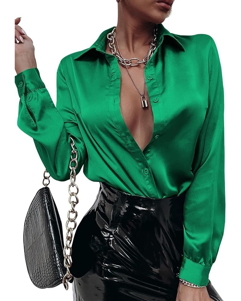 Womens Satin Silk Button Down Shirts Long Sleeve Slim Fit Blouses Shirt Casual Work Bussiness Tops Green $12.99 Blouses