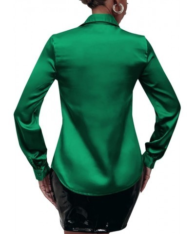 Womens Satin Silk Button Down Shirts Long Sleeve Slim Fit Blouses Shirt Casual Work Bussiness Tops Green $12.99 Blouses