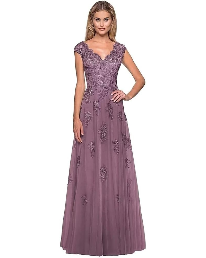 Women's Lace Appliques Mother of The Bride Dresses for Wedding V Neck Cap Sleeves Long Tulle Formal Evening Prom Dress Mauve ...