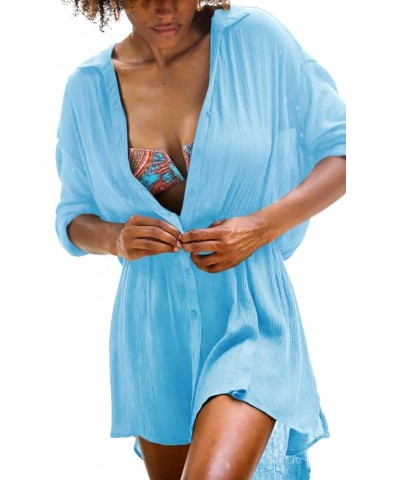 Womens Button V Neck Swimsuit Coverup Casual Long Sleeve Drawstring Beach Cover Up Shirt Dress Blue $14.70 Swimsuits