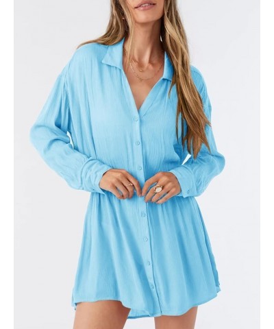 Womens Button V Neck Swimsuit Coverup Casual Long Sleeve Drawstring Beach Cover Up Shirt Dress Blue $14.70 Swimsuits