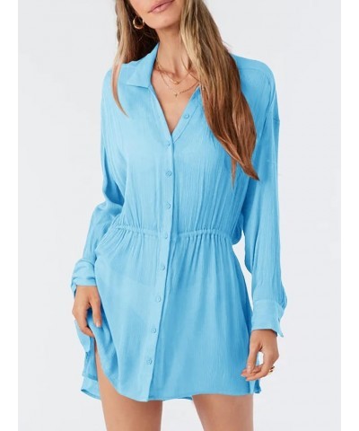 Womens Button V Neck Swimsuit Coverup Casual Long Sleeve Drawstring Beach Cover Up Shirt Dress Blue $14.70 Swimsuits