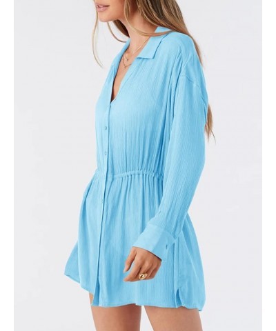 Womens Button V Neck Swimsuit Coverup Casual Long Sleeve Drawstring Beach Cover Up Shirt Dress Blue $14.70 Swimsuits