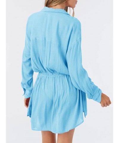 Womens Button V Neck Swimsuit Coverup Casual Long Sleeve Drawstring Beach Cover Up Shirt Dress Blue $14.70 Swimsuits