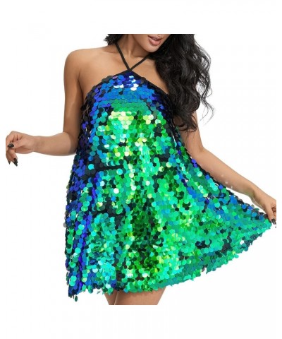 Women Sequin Glitter Mini Dress Sleeveless Halter V Neck Backless Ruffle Short Dress Sparkly Shiny Party Club Dress Sequin Da...