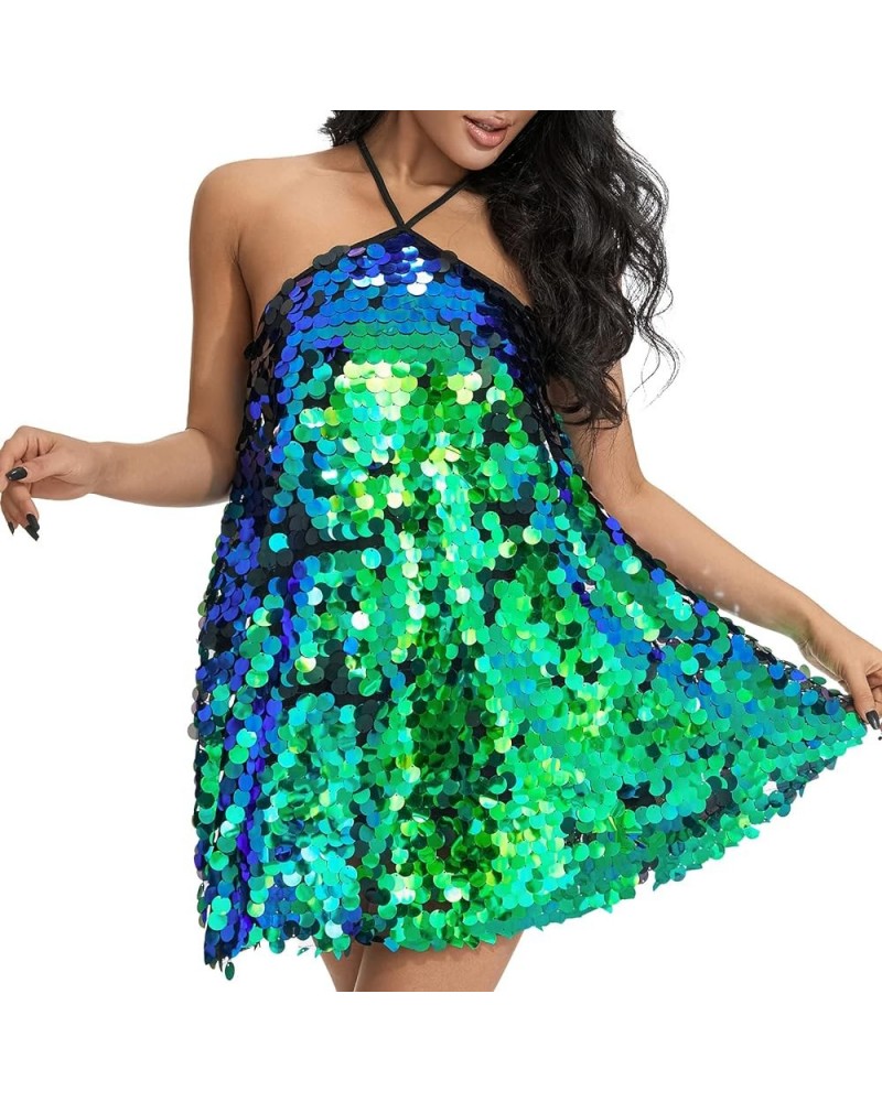 Women Sequin Glitter Mini Dress Sleeveless Halter V Neck Backless Ruffle Short Dress Sparkly Shiny Party Club Dress Sequin Da...