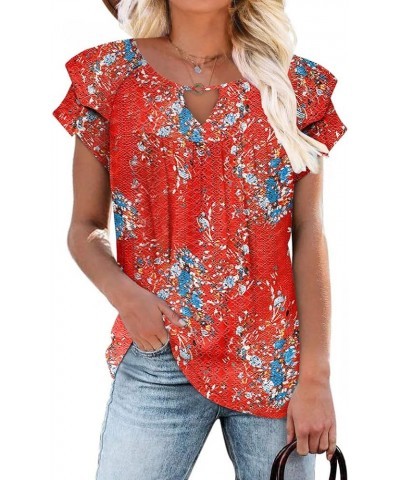 Women's Casual Dressy Short Petal Sleeve Shirts Pleated Fashion Front Key Hole Scoop Neck Floral Print Loose Fit Tops 02-fora...