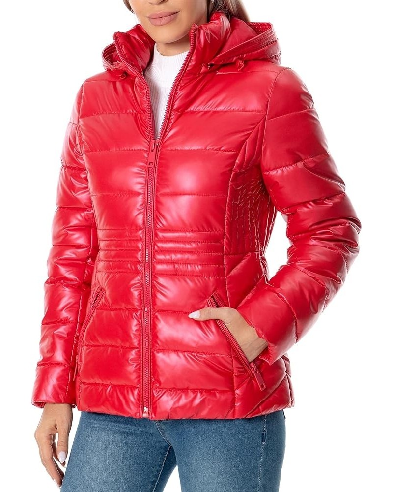 Women's Quilted Lightweight Puffer Jacket Metallic Shiny Winter Warm Zip Up Padded Coat with Detachable Hood Red $25.30 Jackets