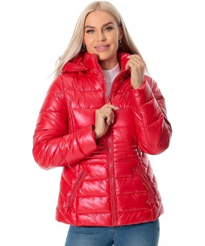 Women's Quilted Lightweight Puffer Jacket Metallic Shiny Winter Warm Zip Up Padded Coat with Detachable Hood Red $25.30 Jackets