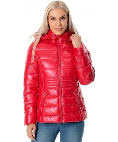 Women's Quilted Lightweight Puffer Jacket Metallic Shiny Winter Warm Zip Up Padded Coat with Detachable Hood Red $25.30 Jackets