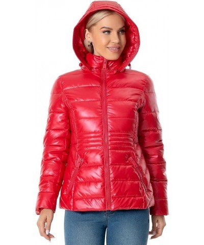 Women's Quilted Lightweight Puffer Jacket Metallic Shiny Winter Warm Zip Up Padded Coat with Detachable Hood Red $25.30 Jackets