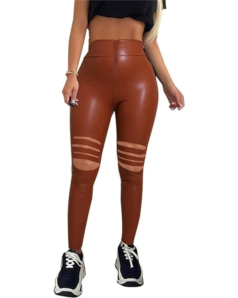 Women Faux Leather Leggings Sexy Tight Stretchy Rider Punk Solid PU Skinny Hip Push Up Butt Lift Hem Split Pants K Brown $13....