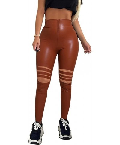 Women Faux Leather Leggings Sexy Tight Stretchy Rider Punk Solid PU Skinny Hip Push Up Butt Lift Hem Split Pants K Brown $13....