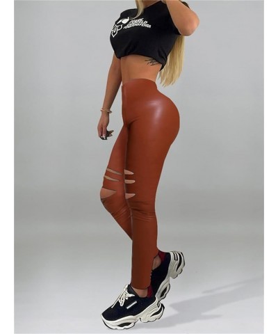 Women Faux Leather Leggings Sexy Tight Stretchy Rider Punk Solid PU Skinny Hip Push Up Butt Lift Hem Split Pants K Brown $13....