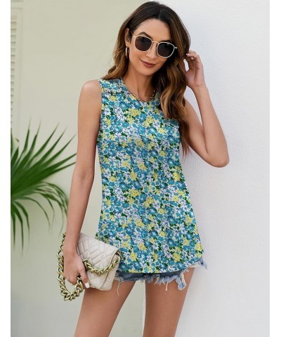 Women Casual Tank Tops Loose Fit Crew Neck Sleeveless Blouses Shirts Summer Flowy Tunic Button Design White Blue Floral $11.2...