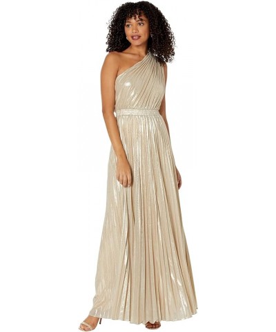 Women's Floor Length Evening Gown One Shoulder Strap Pleated Dress Champagne $70.39 Dresses