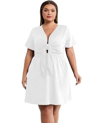 Women's Plus Size Deep V Neck Tie Front Short Sleeve Flared Dress White $21.56 Dresses