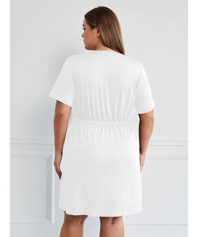 Women's Plus Size Deep V Neck Tie Front Short Sleeve Flared Dress White $21.56 Dresses