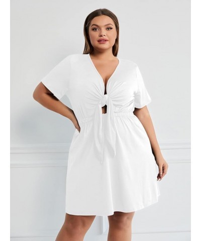 Women's Plus Size Deep V Neck Tie Front Short Sleeve Flared Dress White $21.56 Dresses