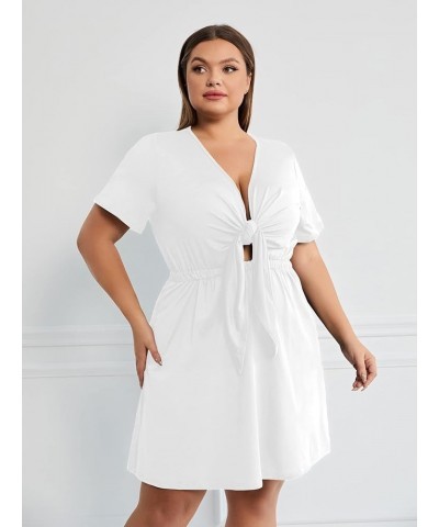 Women's Plus Size Deep V Neck Tie Front Short Sleeve Flared Dress White $21.56 Dresses