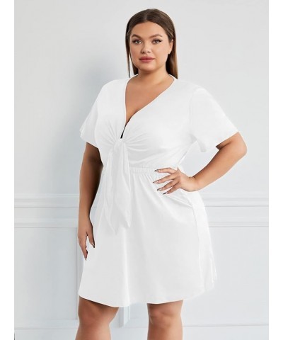 Women's Plus Size Deep V Neck Tie Front Short Sleeve Flared Dress White $21.56 Dresses