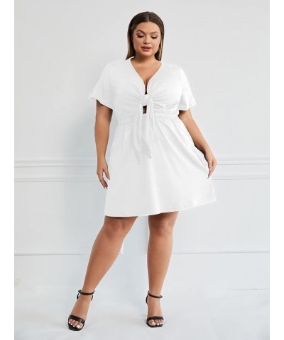 Women's Plus Size Deep V Neck Tie Front Short Sleeve Flared Dress White $21.56 Dresses