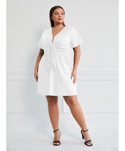 Women's Plus Size Deep V Neck Tie Front Short Sleeve Flared Dress White $21.56 Dresses