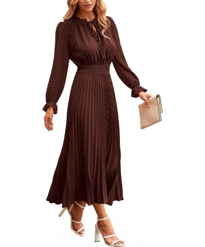 Women's 2024 Fall Midi Dress Casual Long Sleeve V Neck Swiss Dot Pleated A Line Flowy Dresses Dark Coffee $25.20 Dresses