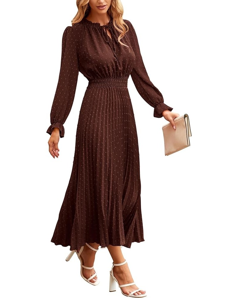 Women's 2024 Fall Midi Dress Casual Long Sleeve V Neck Swiss Dot Pleated A Line Flowy Dresses Dark Coffee $25.20 Dresses