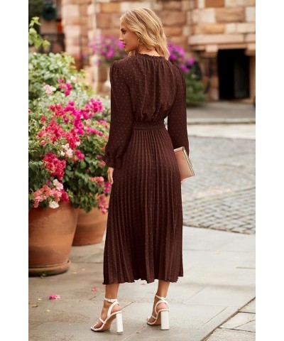 Women's 2024 Fall Midi Dress Casual Long Sleeve V Neck Swiss Dot Pleated A Line Flowy Dresses Dark Coffee $25.20 Dresses