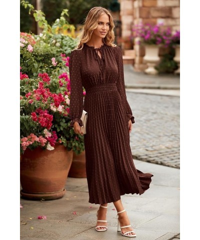 Women's 2024 Fall Midi Dress Casual Long Sleeve V Neck Swiss Dot Pleated A Line Flowy Dresses Dark Coffee $25.20 Dresses