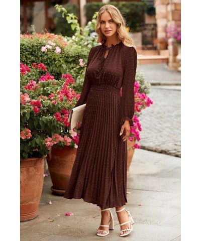 Women's 2024 Fall Midi Dress Casual Long Sleeve V Neck Swiss Dot Pleated A Line Flowy Dresses Dark Coffee $25.20 Dresses